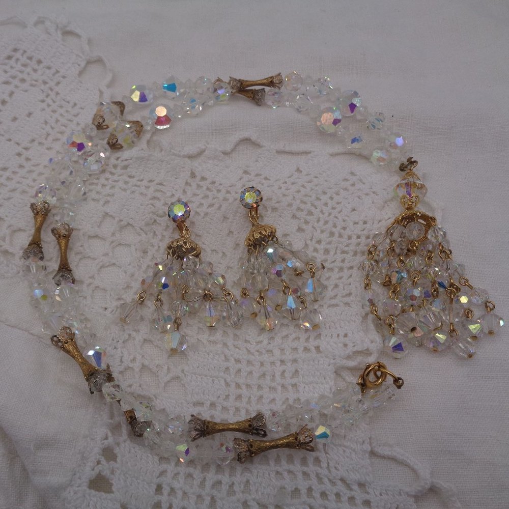 Vintage Aurora Borealis Crystal Bead Tassel Set Necklace & Earrings